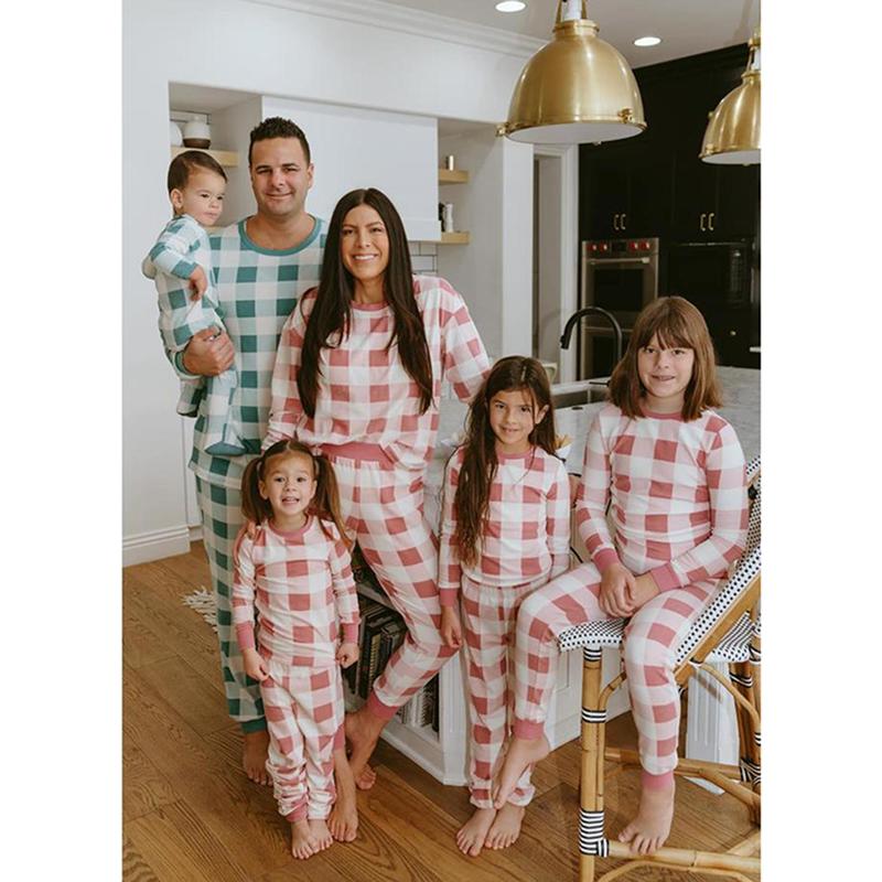 Family Pajamas Matching Set, Long Sleeve T-shirt with Pants Plaid Sleepwear Loungewear Crewneck Womenswear Clothing Jumpsuit