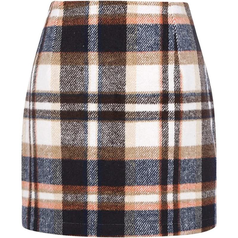 Womens High Waist Plaid Skirt Bodycon Pencil Wool Mini Skirts for Christmas Dress, Festive Dressing up