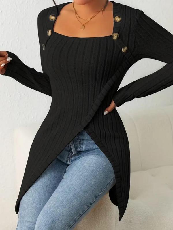 Women's Plain Button Ribbed Sweater, Casual Long Sleeve Split Hem Jumper for Spring & Fall, Fashion Women's Knitwear for Daily Wear