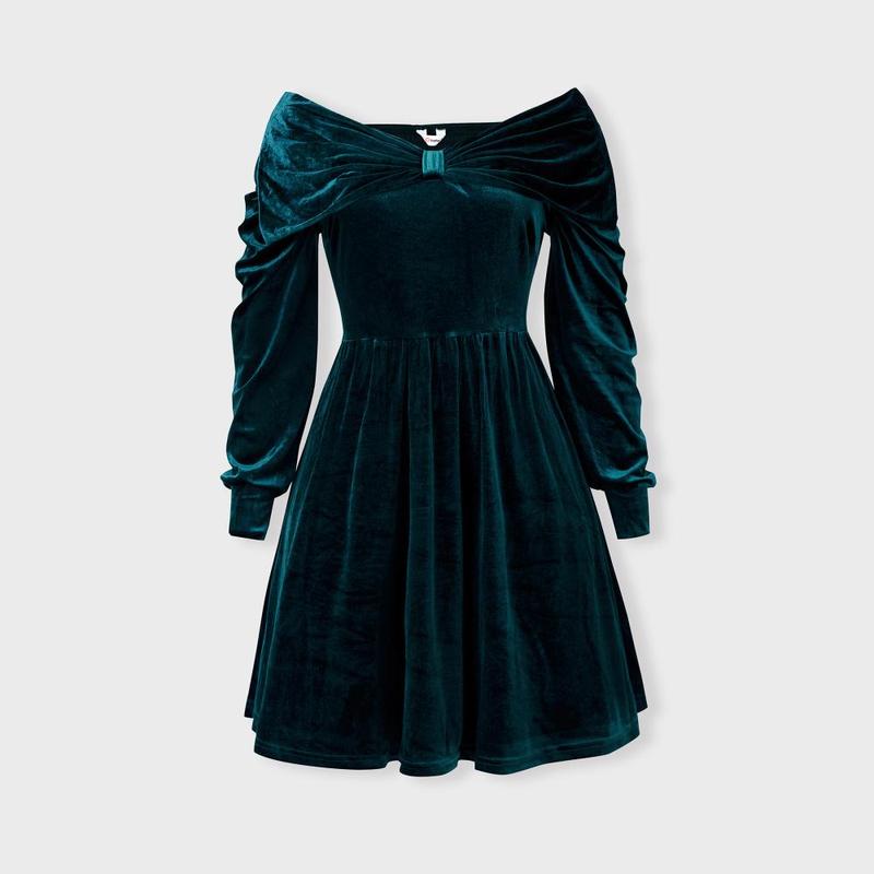 PatPat Dark Green Matching Family Outfits Bowknot Bardot Dress or Formal Shirt