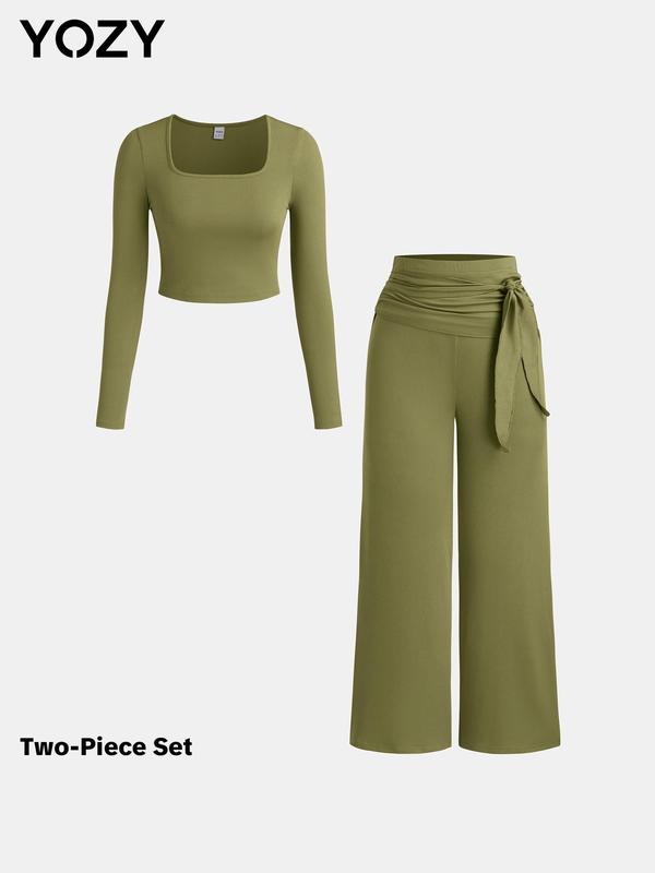 YOZY Christmas Deals Two-Piece Set Women's Solid Textured Top & Wide Leg Pants, Casual Long Sleeve Square Neck Top & Knot Front Trousers Set for Daily Wear, Christmas 2024 Trend, Christmas Outfits, Fall&Winter Outfits, Christmas Gift Ideas