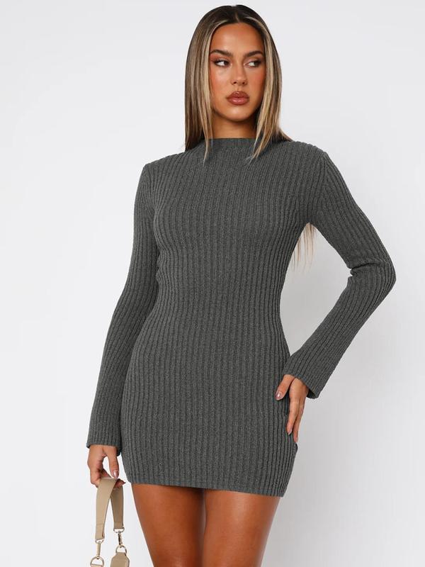 Women's Solid Ribbed Long Sleeve Bodycon Dress, Elegant Fashion Casual Stand Collar Short Dress for Daily Outdoor Wear, Women Dress for Fall & Winter