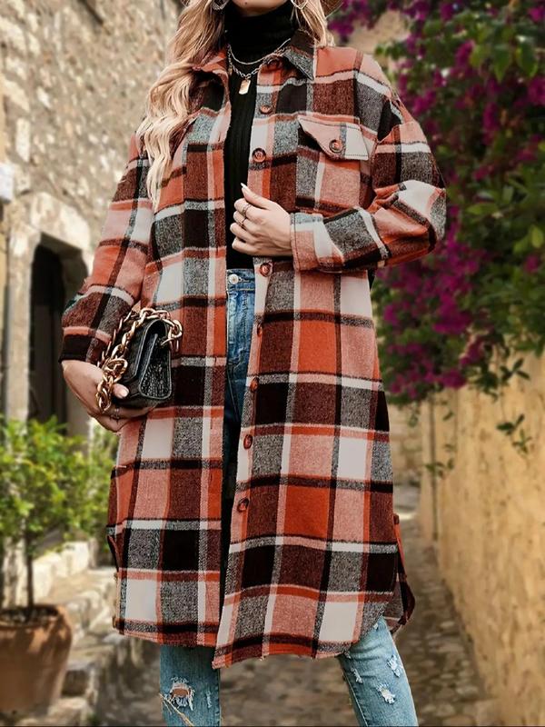 Women's Plaid Print Button Front Drop Shoulder Midi Overcoat, Casual Long Sleeve Collared Coat for Fall & Winter, Women's Clothing for Daily Wear, Fall Clothes 2024