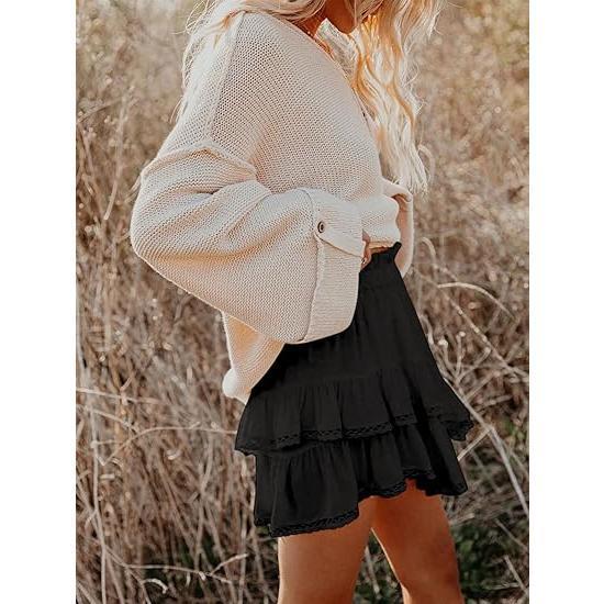 Flowy Shorts for Women Casual Boho Ruffle Tiered Skorts High Waist Mini Skirts Golf Tennis Crochet Shorts 2024