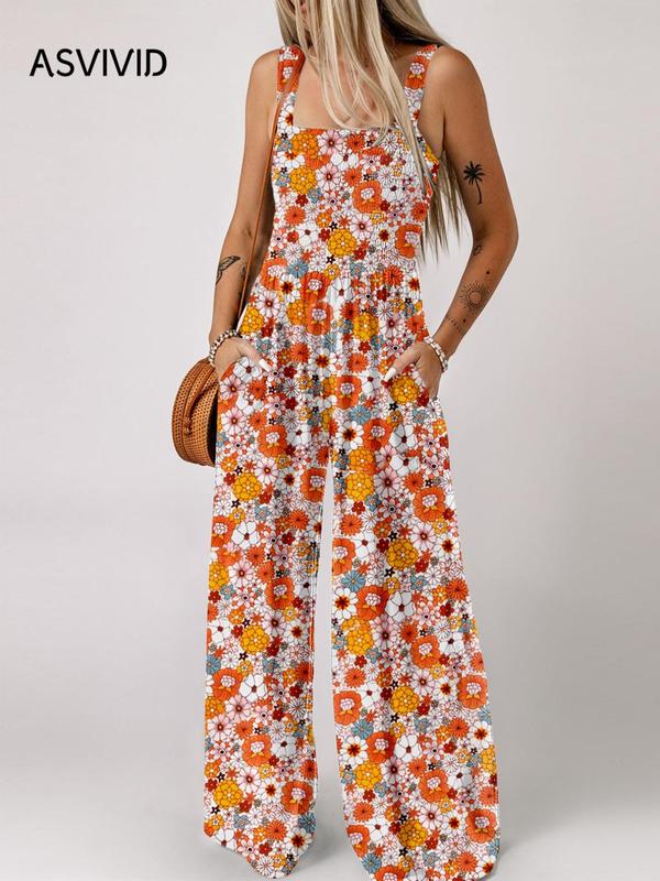 Women's Ditsy Floral Print Shirred Square Neck Cami Jumpsuit, Boho Fashion Pocket Wide Leg Jumpsuit for Daily Holiday Vacation Wear, Ladies Clothes for Summer