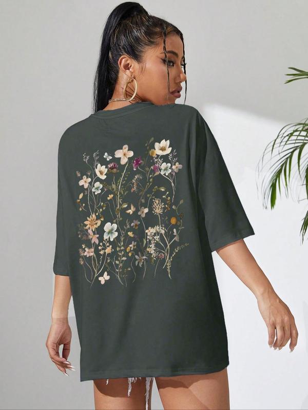 Women's Floral Print Drop Shoulder Crew Neck Tee, Street Casual Half Sleeve Round Neck T-Shirt, Graphic Tees, Summer Outfits, Streetwear Top, Ladies Clothes for Daily Wear