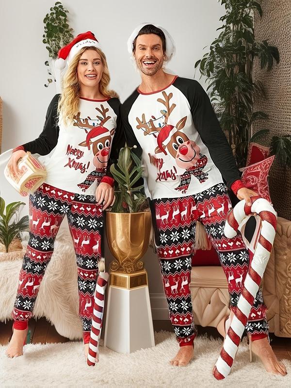 Couple's Christmas Themed Plaid Elk Print Raglan Sleeve Pajama Two-piece Set, Casual Comfy Long Sleeve Top & Pants Pj Set, Men's Sleepwear for Spring & Fall