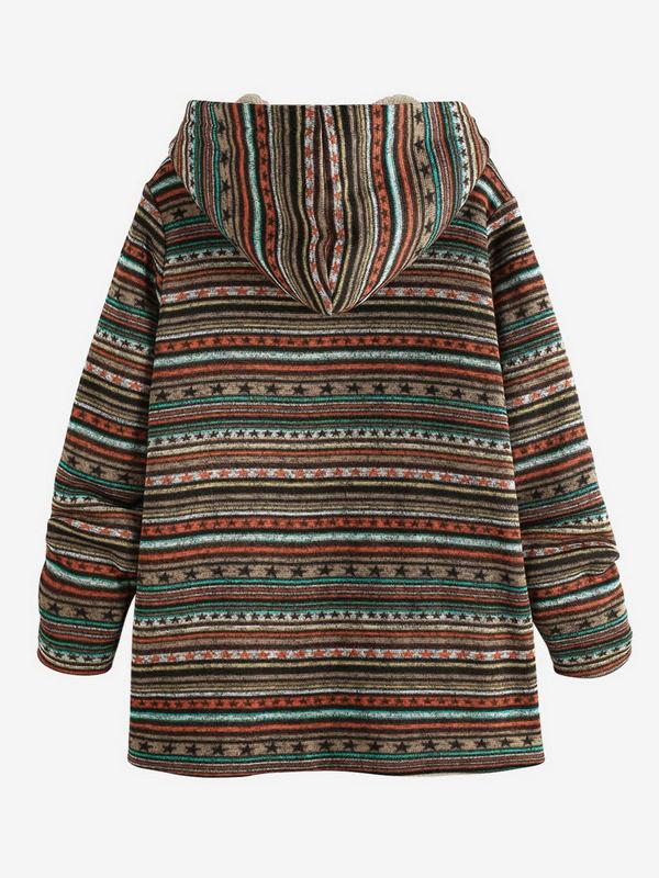 Women's Vintage Tribal Print Zip Up Pocket Fleece Hooded Coat, Long Sleeve Teddy Lined Coat for Fall & Winter, Winter Coats Women, Women Clothes for Daily Wear, Longsleeves Tops for Lady, Casual Womenswear, Coats for School