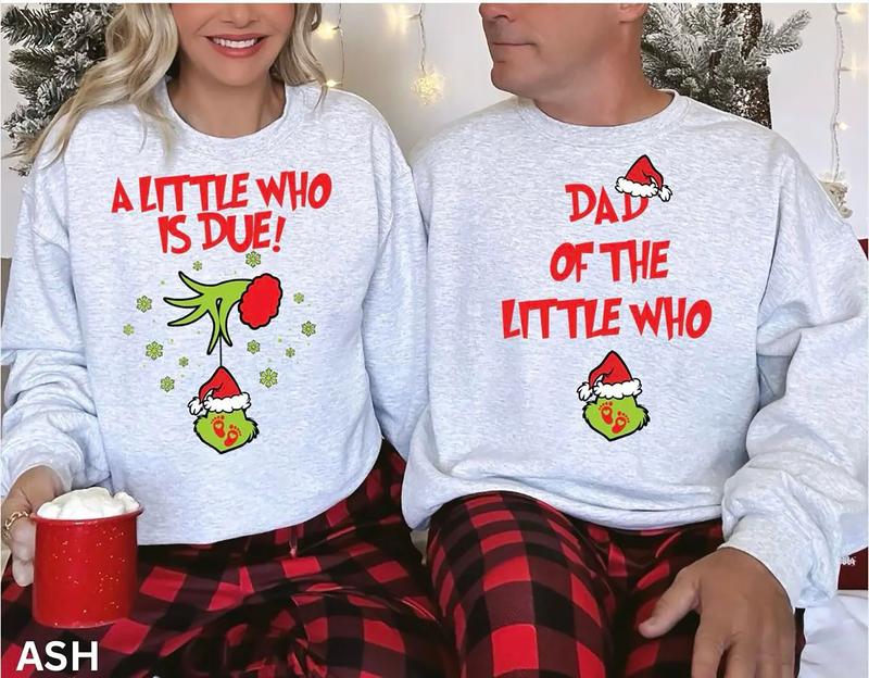 A Little Who Is Due Couple Sweatshirt, Mommy To Be Shirt, New Dad Shirt, Christmas Pregnancy Reveal Sweatshirt,  Christmas Holiday Maternity Sweatshirt, Christmas Pregnant Shirt, Baby Reveal Xmas Party Shirt