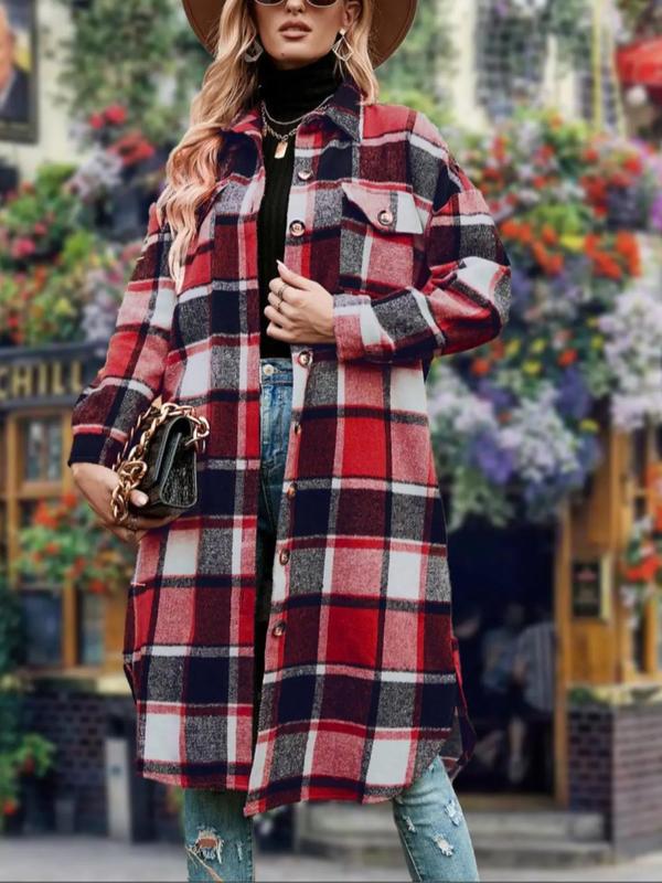 Women's Plaid Print Button Front Drop Shoulder Midi Overcoat, Casual Long Sleeve Collared Coat for Fall & Winter, Women's Clothing for Daily Wear, Fall Clothes 2024