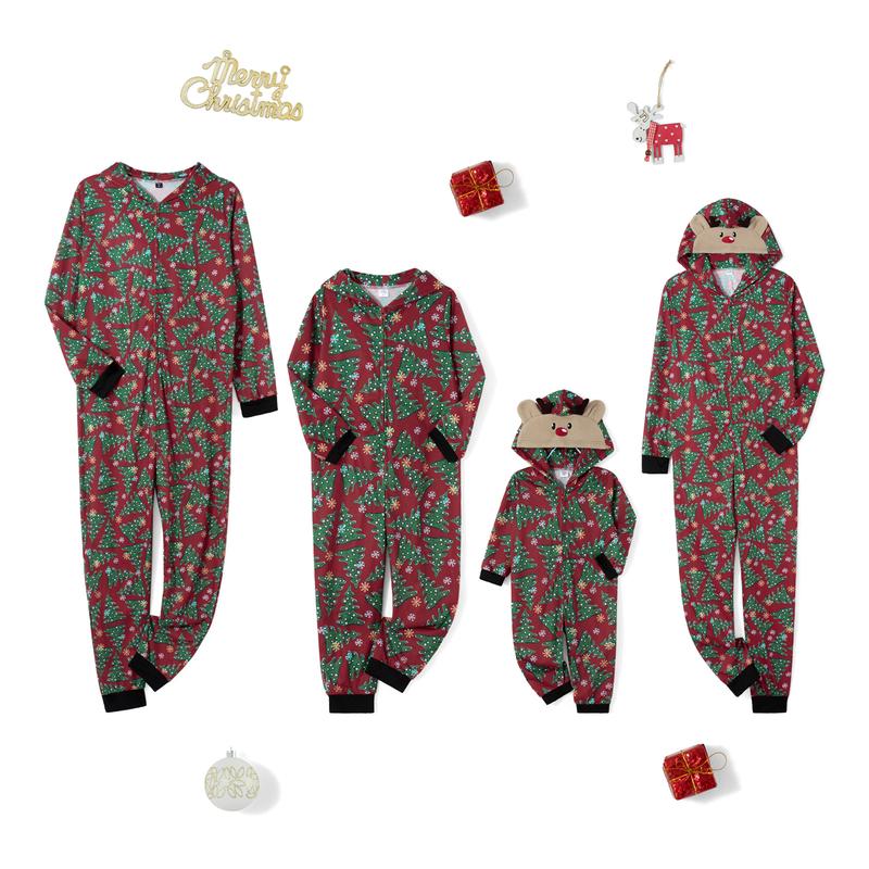 2024 New Cute Christmas Family Matching Jumpsuit Pajamas , Long Sleeve Hooded Elk Print Zipper Closure Homewear Sleepwear Loungewear Nightwear Xmas Pj's Clothes Womenswear Baby