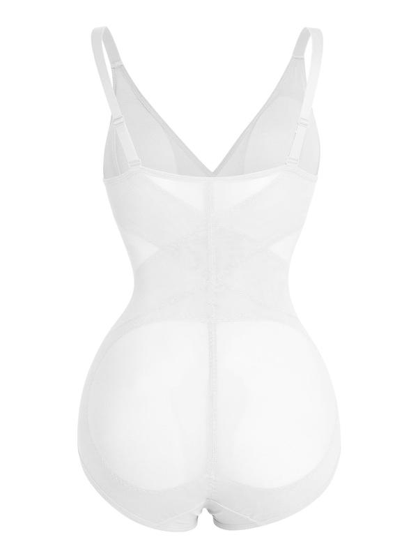 Women's Solid Sheer Contrast Mesh Padded Shapewear Bodysuit, Deep V Neck High Stretch Butt Lift Tummy Control Shapewear Cami Bodysuit, Women's Shapewear