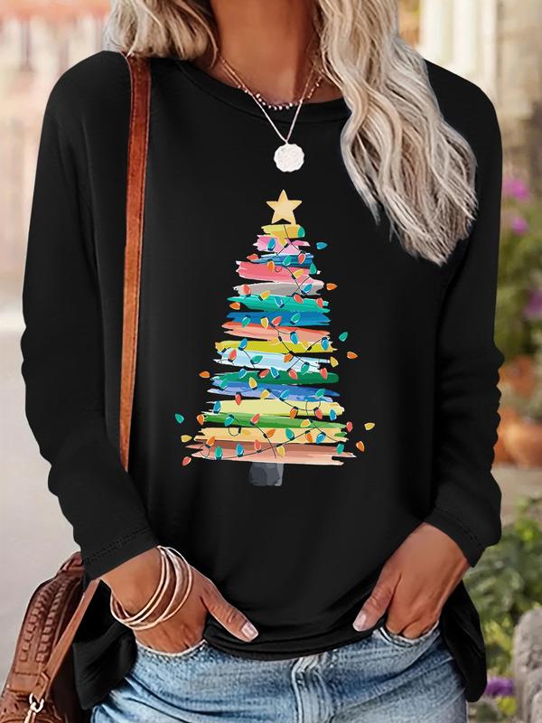 Women's Christmas Tree Print Drop Shoulder T-shirt, Casual Long Sleeve Round Neck Pullover for Fall & Winter, Ladies Clothes for Daily Wear