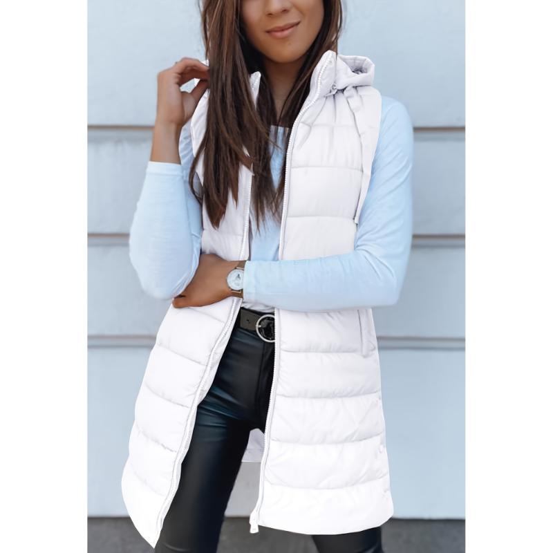 Blazer Mid Length Winter Zip Up Drawstring Hooded Puffer Vest, Casual Sleeveless With Pocket, Women's Clothing Collar Fabric