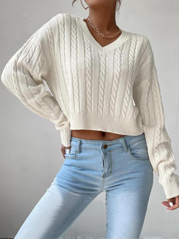 Women's Textured V Neck Cable Knit Sweater, Cozy Fall Sweaters, Casual Drop Shoulder Long Sleeve Jumper, Cozy-chic Women's Pullover Top for Fall & Winter