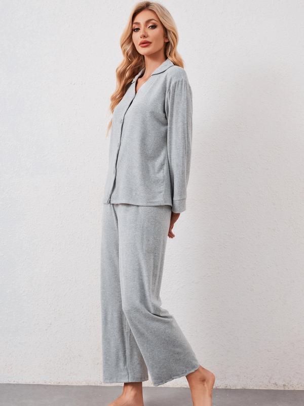 Two-piece Set Women's Solid Button Front Top & Pants Pyjama, Casual Comfy Long Sleeve Collared Top & Trousers Set, Ladies Sleepwear for All Seasons