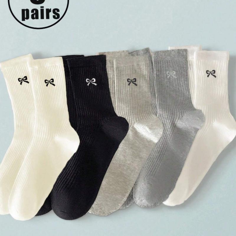 5prs Pack Cute Bow Accent Cartoon Patterned Mid-Calf Socks, Fashionable & Comfortable Long Socks For Women, Black White Gray