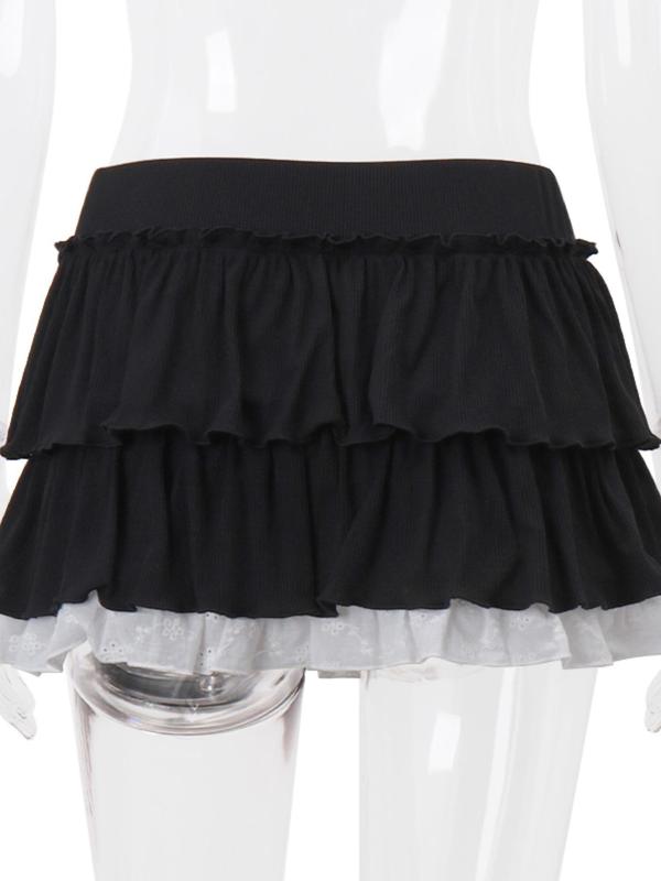 Women's Colorblock Eyelet Embroidery Frill Trim Tiered Layer Skirt, Y2K Fashion Casual High Waist Short Skirt for Daily Outdoor Wear, Ladies Bottoms for Summer