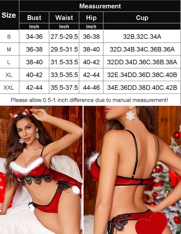 Christmas Lingerie Set Contrast Lace  Underwire Santa Outfits for Women