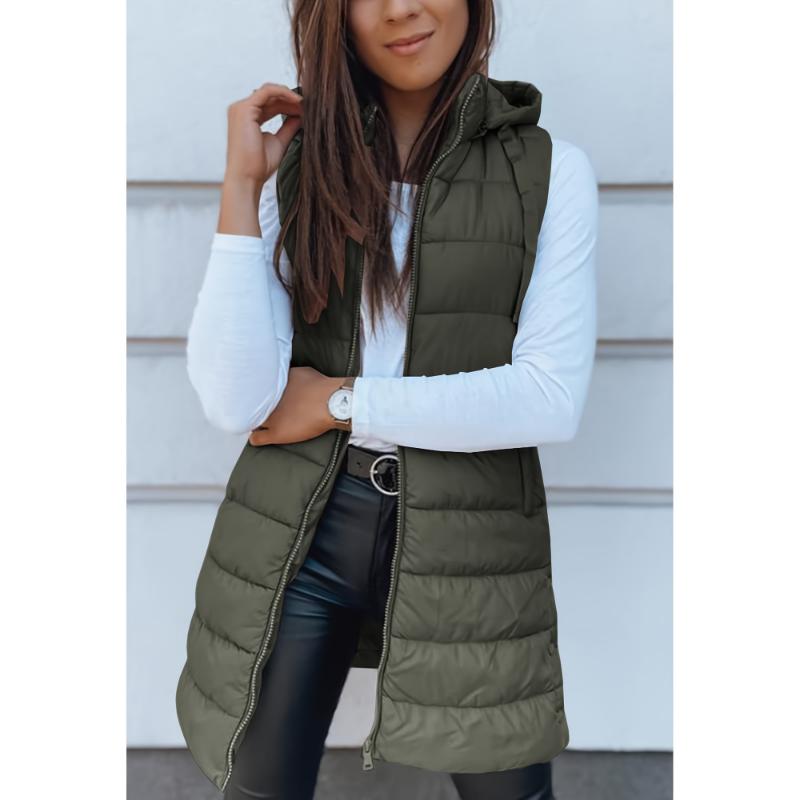 Blazer Mid Length Winter Zip Up Drawstring Hooded Puffer Vest, Casual Sleeveless With Pocket, Women's Clothing Collar Fabric