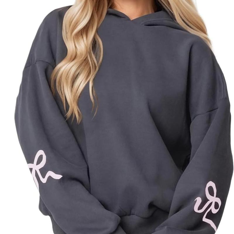 Women's Oversized Bow Printed Hoodie Long Sleeve Fleece Casual Graphic Pullover Fashionable Fall Hooded Sweatshirt Top Pants Two-Pack