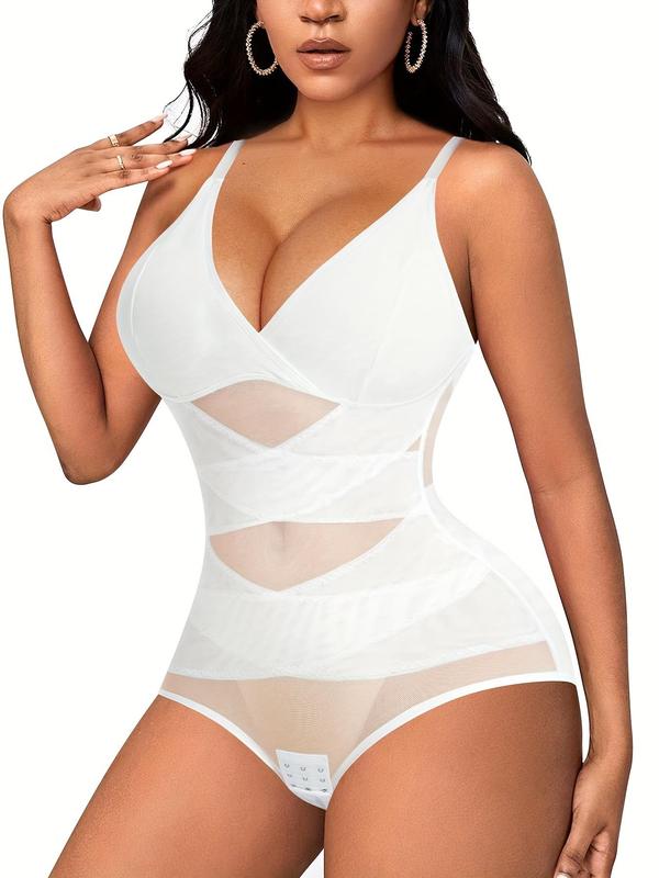 Women's Solid Sheer Contrast Mesh Padded Shapewear Bodysuit, Deep V Neck High Stretch Butt Lift Tummy Control Shapewear Cami Bodysuit, Women's Shapewear