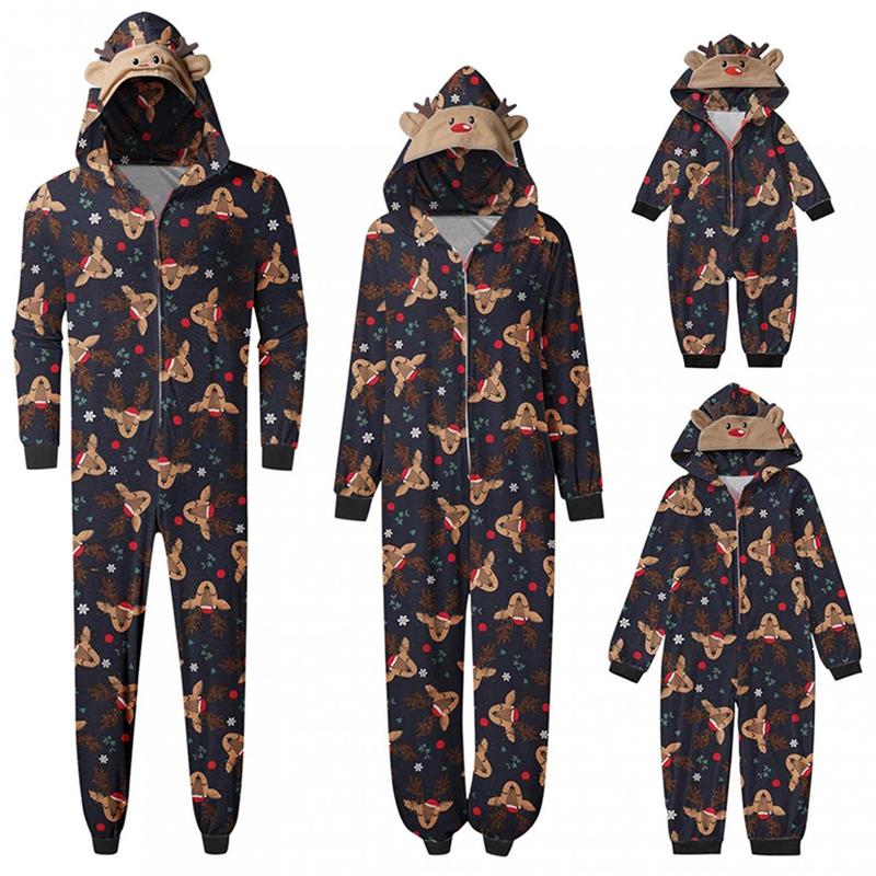 2024 New Cute Christmas Family Matching Jumpsuit Pajamas , Long Sleeve Hooded Elk Print Zipper Closure Homewear Sleepwear Loungewear Nightwear Xmas Pj's Clothes Womenswear Baby