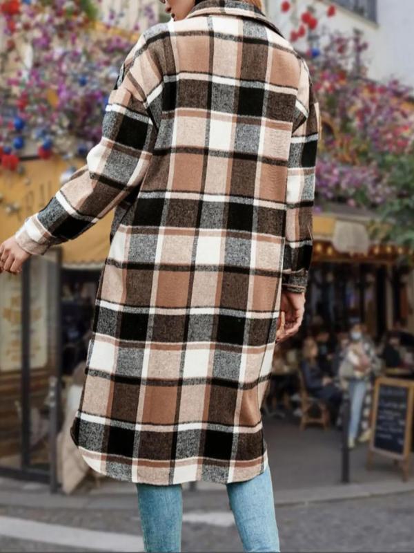 Women's Plaid Print Button Front Drop Shoulder Midi Overcoat, Casual Long Sleeve Collared Coat for Fall & Winter, Women's Clothing for Daily Wear, Fall Clothes 2024