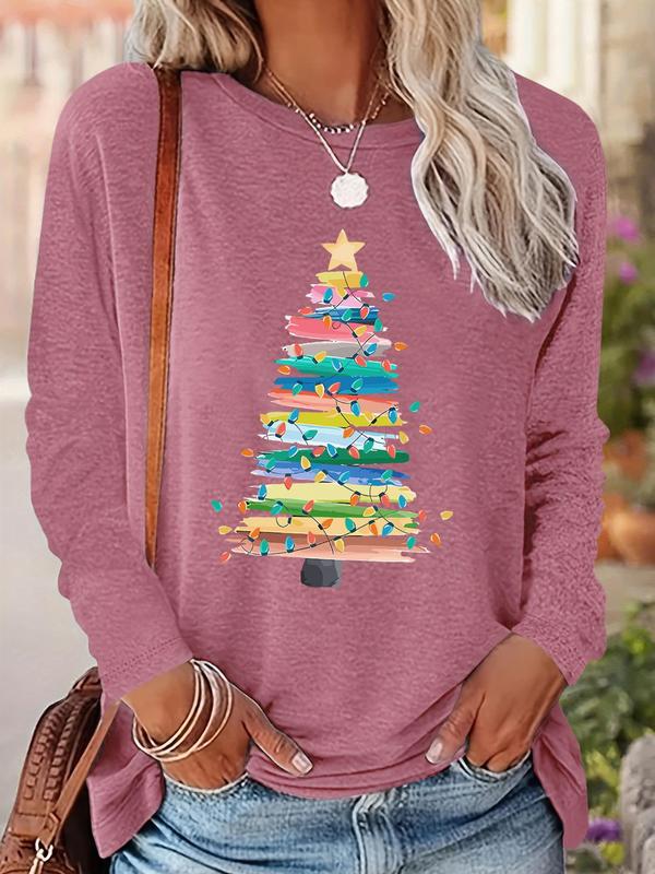 Women's Christmas Tree Print Drop Shoulder T-shirt, Casual Long Sleeve Round Neck Pullover for Fall & Winter, Ladies Clothes for Daily Wear