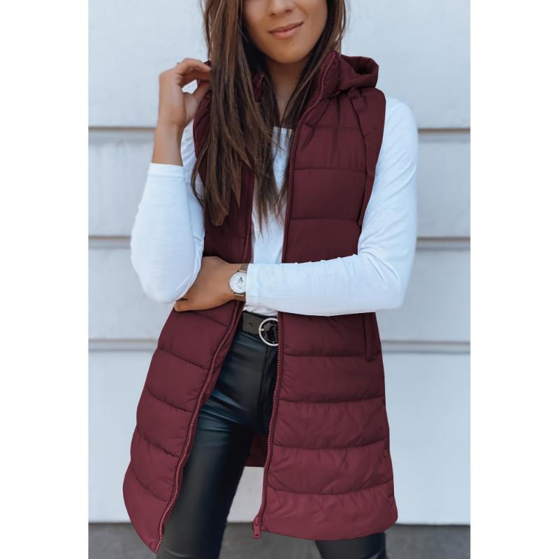 Blazer Mid Length Winter Zip Up Drawstring Hooded Puffer Vest, Casual Sleeveless With Pocket, Women's Clothing Collar Fabric