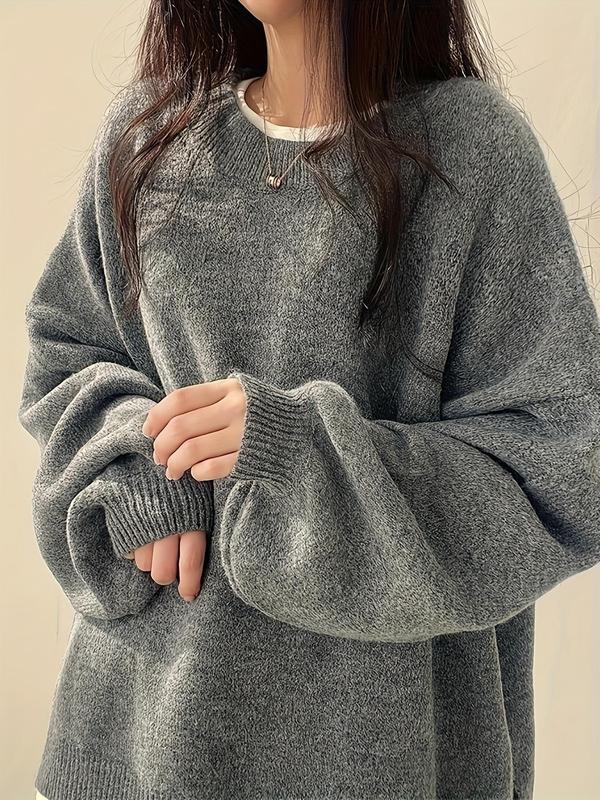  Solid Drop Shoulder Split Hem Sweater, Casual Long Sleeve Round Neck Jumper for Fall & Winter, Sweaters for Women, Women's Plus Clothing for Daily Wear