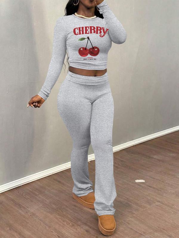 Women's Cherry Letter Long Sleeve Crop Tee & Flare Leg Pants Two-piece Set, Casual Fashion Cozy Round Neck Top & Bell Bottom Trousers for Daily Outdoor Wear, Women's Clothing for Fall & Winter