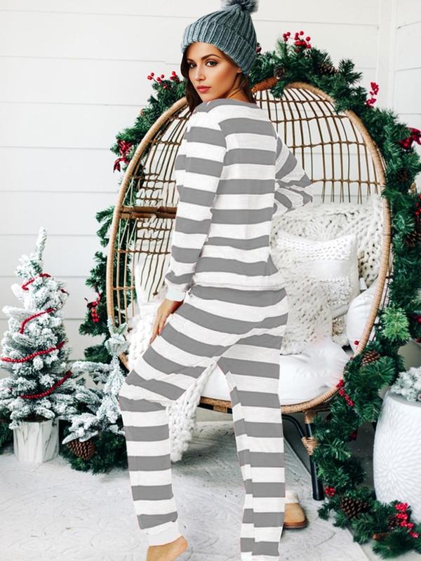 Women's Christmas Striped Print Loungewear Set, Casual Comfy Long Sleeve Tee & Elastic Waist Pants Set, Ladies Sleepwear for Spring & Fall, Fall Clothes 2024