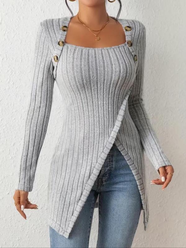 Women's Plain Button Ribbed Sweater, Casual Long Sleeve Split Hem Jumper for Spring & Fall, Fashion Women's Knitwear for Daily Wear