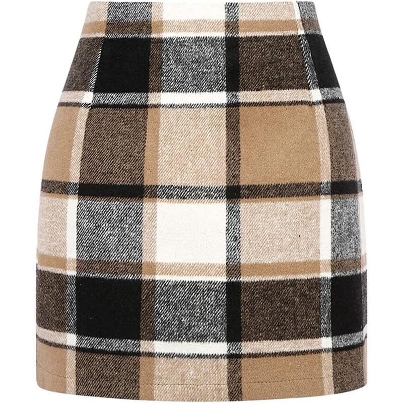 Womens High Waist Plaid Skirt Bodycon Pencil Wool Mini Skirts for Christmas Dress, Festive Dressing up