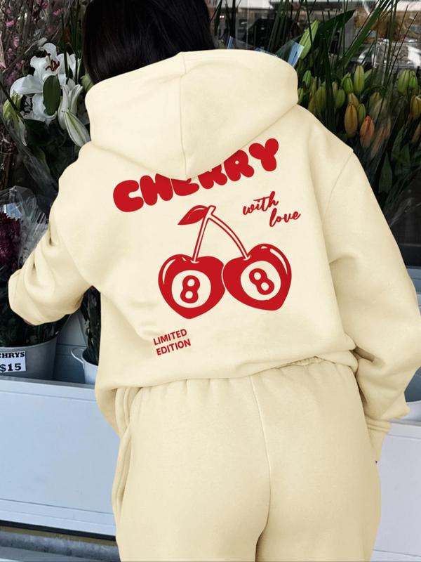 Women's Cherry & Letter Print Drop Shoulder Hoodie, Fashion Casual Drawstring Pocket Hooded Sweatshirt for Daily Holiday Outdoor Wear, Ladies Clothes for Fall & Winter, 90s Clothes