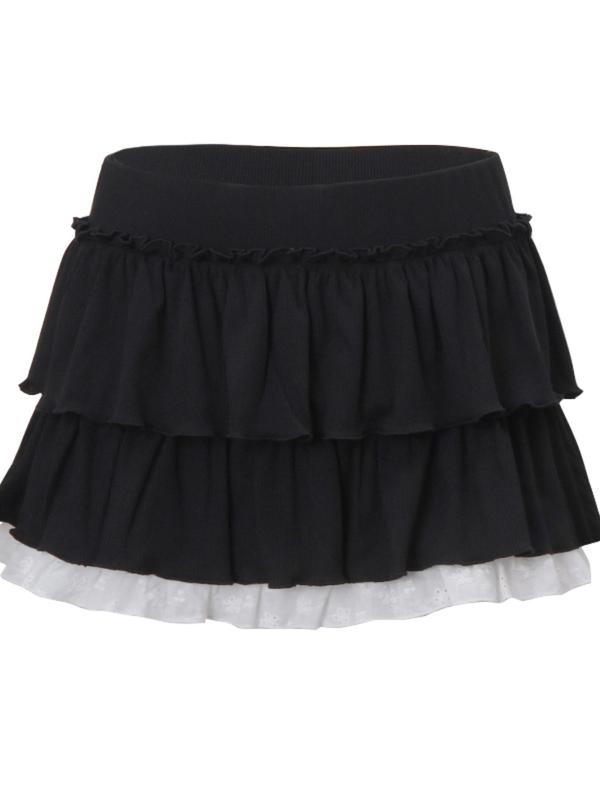 Women's Colorblock Eyelet Embroidery Frill Trim Tiered Layer Skirt, Y2K Fashion Casual High Waist Short Skirt for Daily Outdoor Wear, Ladies Bottoms for Summer