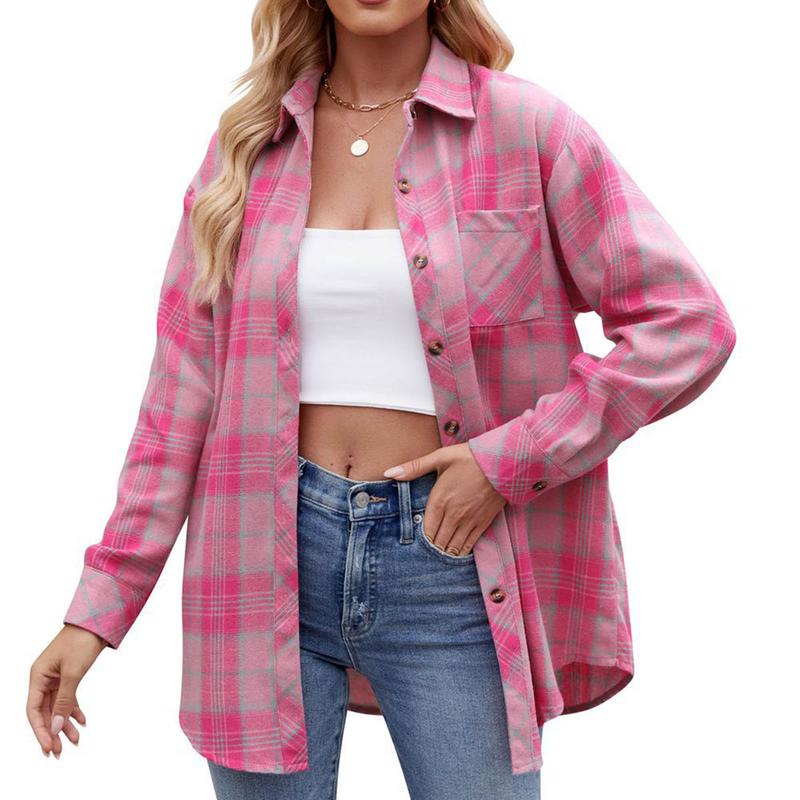 Womens Button Down Shirts Long Sleeve Plaid Shackets Business Casual Blouse Top flannel Womenswear Comfy