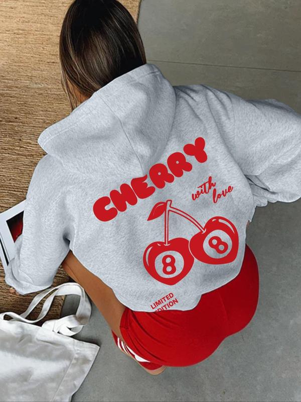 Women's Cherry & Letter Print Drop Shoulder Hoodie, Fashion Casual Drawstring Pocket Hooded Sweatshirt for Daily Holiday Outdoor Wear, Ladies Clothes for Fall & Winter, 90s Clothes