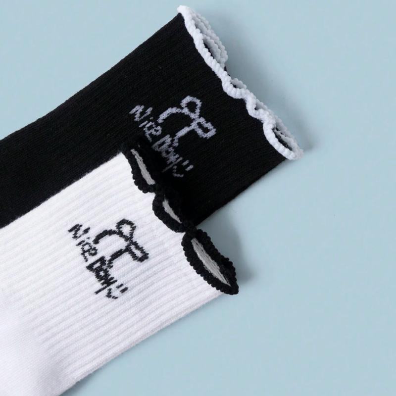 5prs Pack Cute Bow Accent Cartoon Patterned Mid-Calf Socks, Fashionable & Comfortable Long Socks For Women, Black White Gray