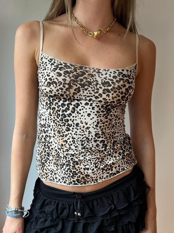 Women's Leopard Print Backless Cami Top, Casual Adjustable Strap Sleeveless Top for Fall & Winter, Women's Clothing for Daily Wear