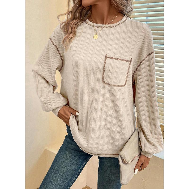 Dokotoo Long Sleeve Shirts for Women 2024 Casual Solid Crewneck Knitted Loose Fit Pullover Shirts Tops