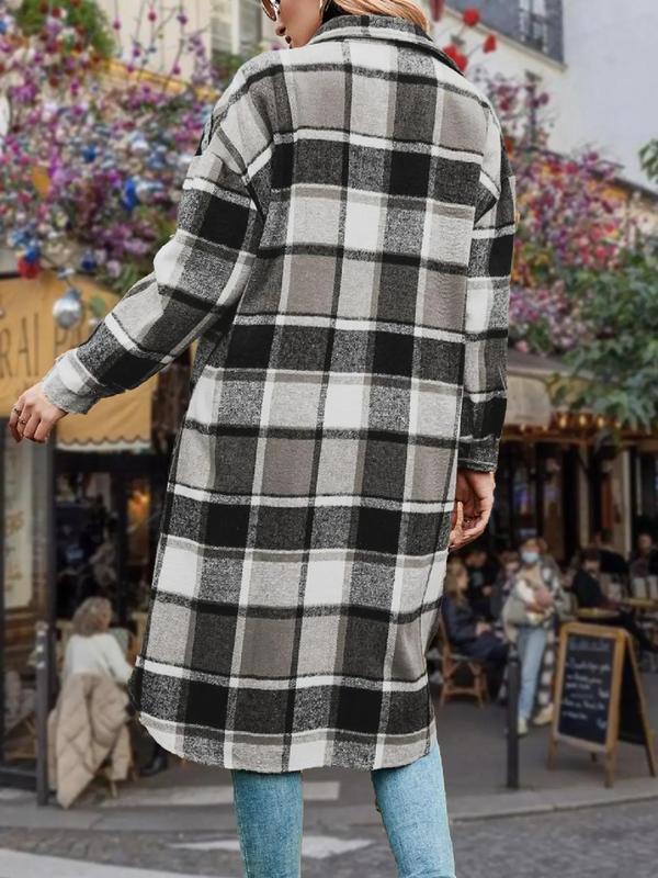 Women's Plaid Print Button Front Drop Shoulder Midi Overcoat, Casual Long Sleeve Collared Coat for Fall & Winter, Women's Clothing for Daily Wear, Fall Clothes 2024