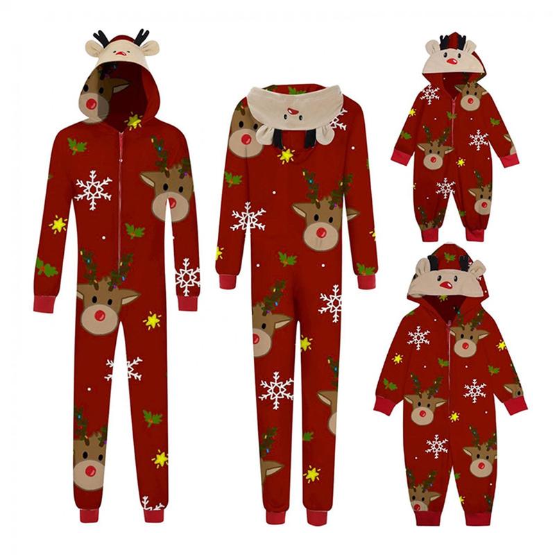 2024 New Cute Christmas Family Matching Jumpsuit Pajamas , Long Sleeve Hooded Elk Print Zipper Closure Homewear Sleepwear Loungewear Nightwear Xmas Pj's Clothes Womenswear Baby