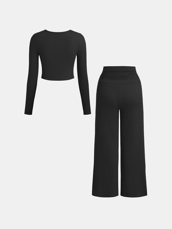 YOZY Christmas Deals Two-Piece Set Women's Solid Textured Top & Wide Leg Pants, Casual Long Sleeve Square Neck Top & Knot Front Trousers Set for Daily Wear, Christmas 2024 Trend, Christmas Outfits, Fall&Winter Outfits, Christmas Gift Ideas