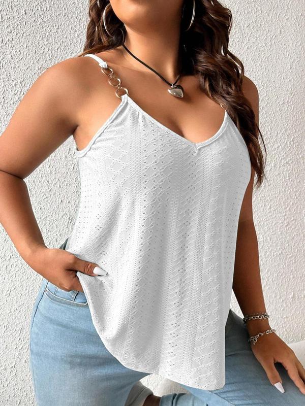  Solid Eyelet Embroidery Chain Linked Cami Top, Boho Sleeveless Spaghetti Strap Top for Summer, Women's Plus Clothing for Daily Wear