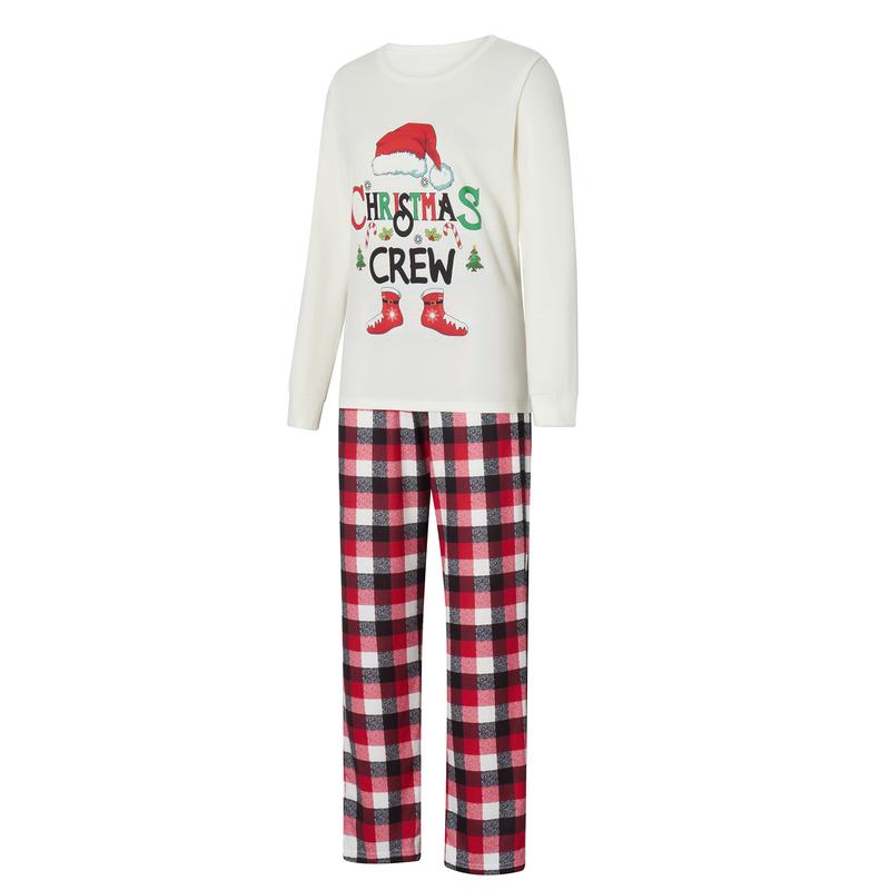 Family Christmas Pajamas Matching Sets, Romper  Long Sleeve Letter Print Tops and Plaid Pants Suit for Kid Dad Mom Sleepwear