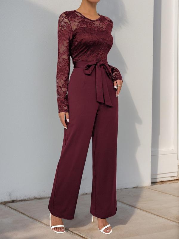 Women's Contrast Floral Lace Belted Jumpsuit, Elegant Sheer Long Sleeve Zipper Back Jumpsuit for Fall & Winter, Women's Clothes for Daily Wear