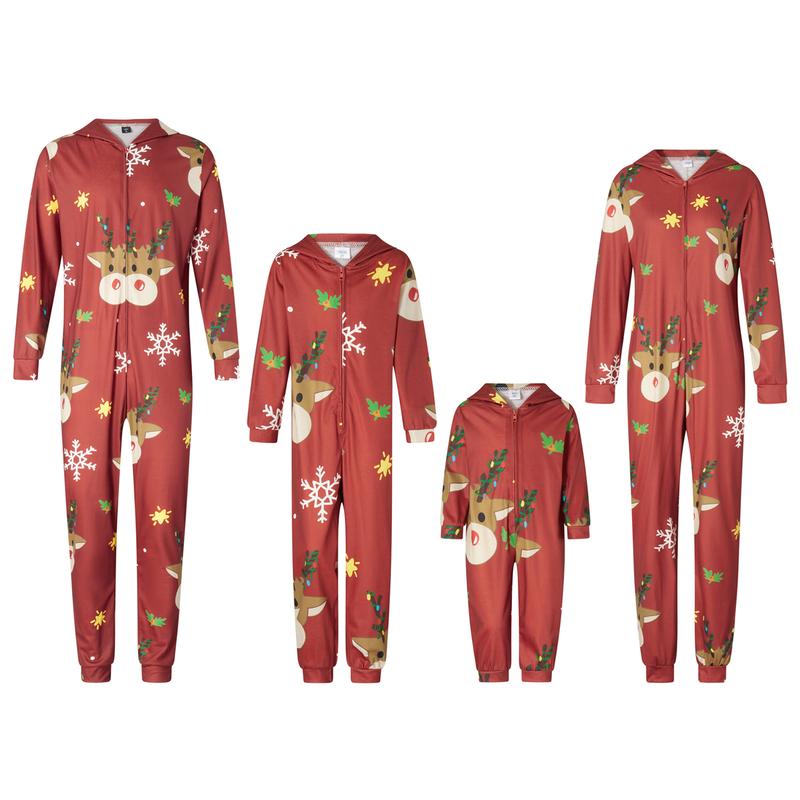 2024 New Cute Christmas Family Matching Jumpsuit Pajamas , Long Sleeve Hooded Elk Print Zipper Closure Homewear Sleepwear Loungewear Nightwear Xmas Pj's Clothes Womenswear Baby