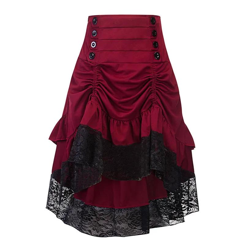 Women Gothic Lace Patchwork Skirt Button Drawstring Carnival Party Skirt High Waist Victorian Medieval Skirt